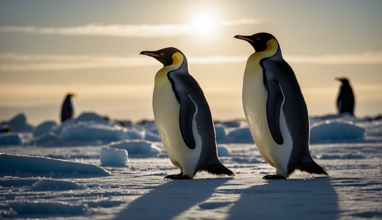 An emperor penguin waddles across the vast, icy landscape, its sleek black and white feathers glistening in the sunlight.

The penguin stands tall and proud, exuding a sense of regal authority as it surveys its surroundings