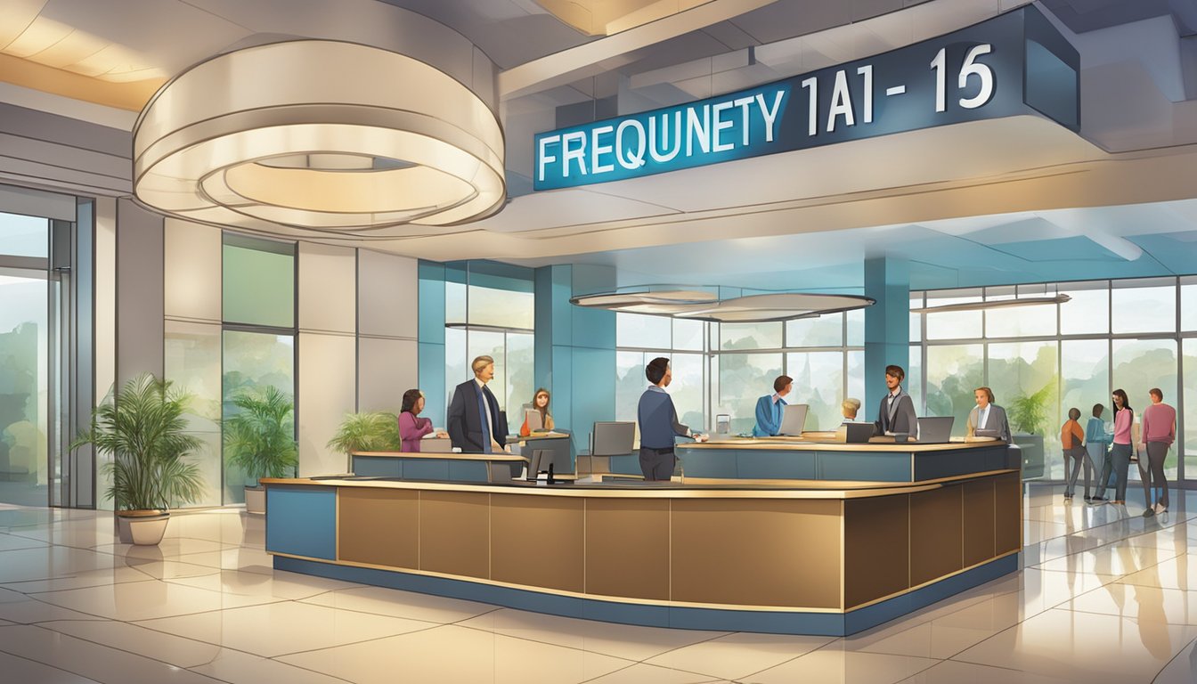 A large, bold "Frequently Asked Questions 1015 Bedeutung" sign hangs above a busy information desk in a bustling, modern lobby