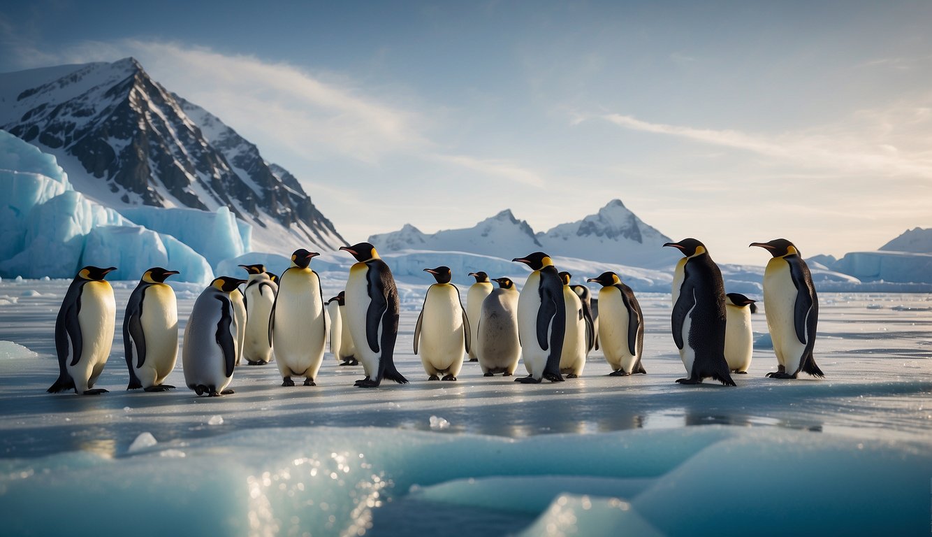 A group of Emperor Penguins huddle together on a vast expanse of ice, surrounded by towering glaciers.

The icy landscape stretches out as far as the eye can see, creating a breathtaking and isolated habitat for these majestic creatures