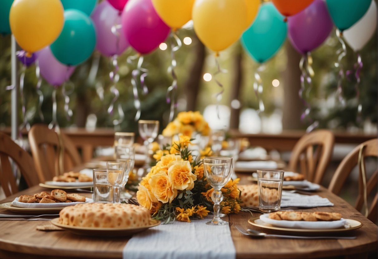 A festive table set with communion-themed decorations, surrounded by joyful family members, with a backdrop of colorful balloons and streamers