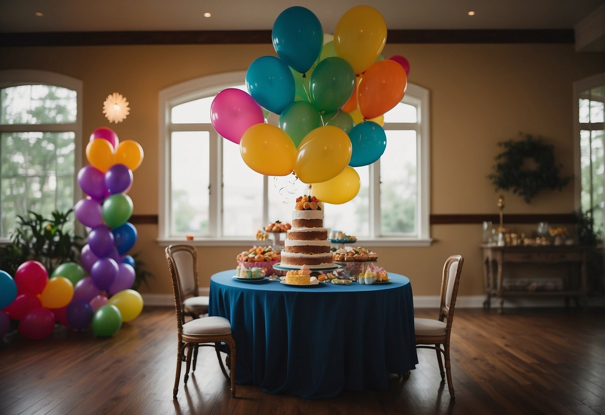 Colorful balloons and streamers adorn the room. A table is filled with party favors and gifts. A cake with a religious theme sits in the center