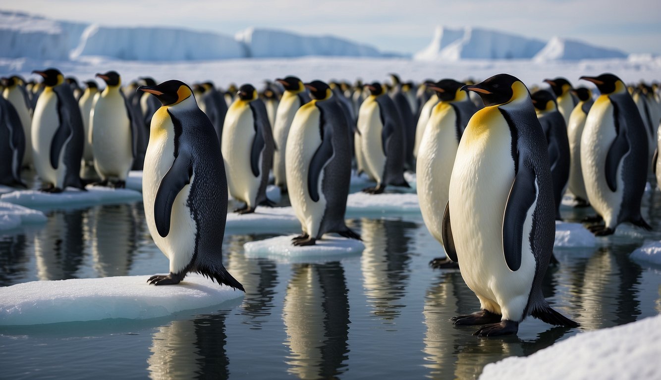 Emperor penguins gather in a group on the icy Antarctic landscape.

They are diving into the frigid waters to catch fish and squid, their sleek bodies gliding effortlessly through the crystal-clear depths