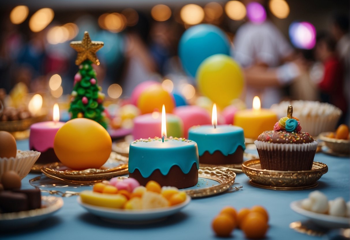 Tables set with colorful decorations, a cake adorned with religious symbols, and a joyful atmosphere with children playing games and adults chatting