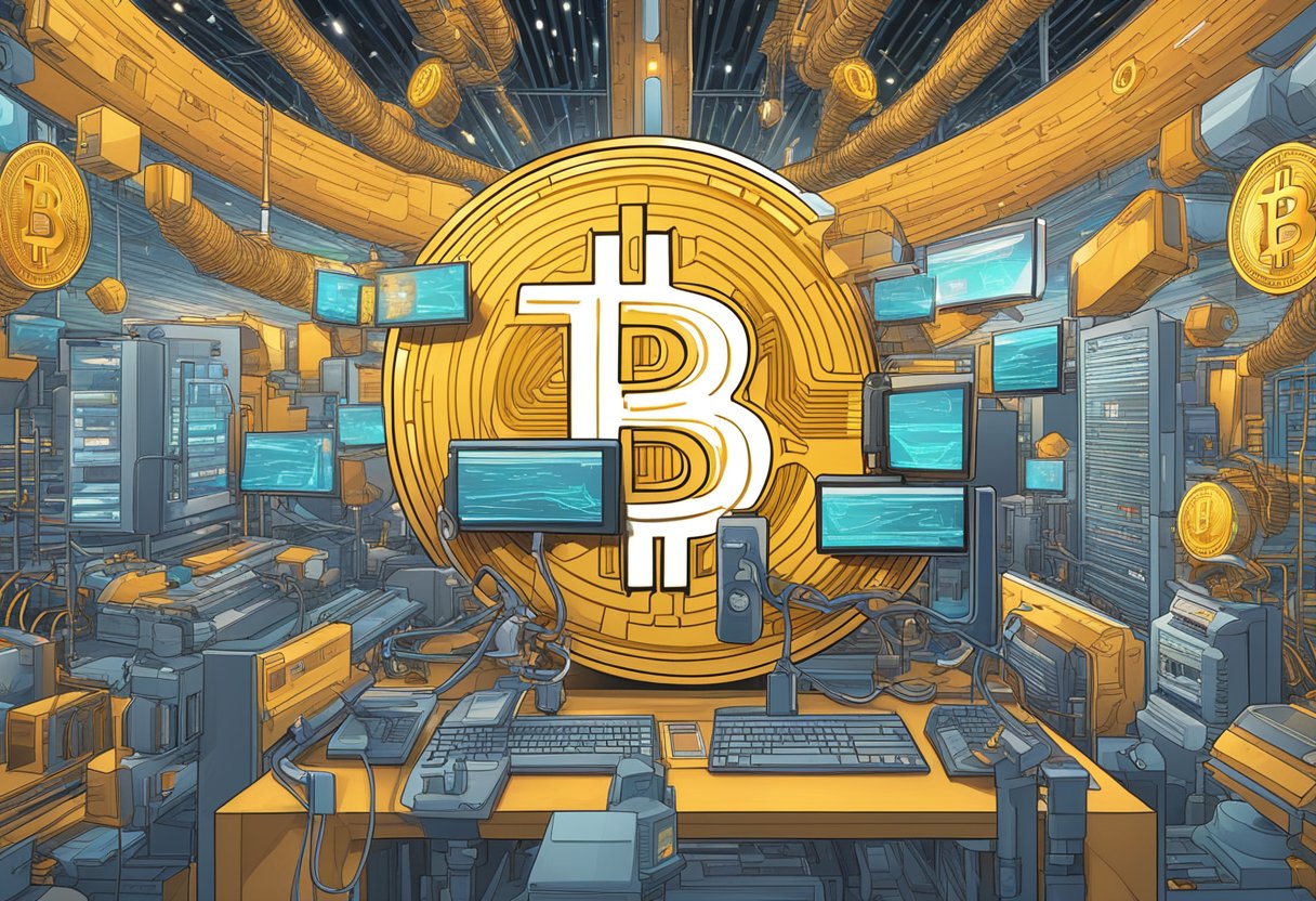 Bitcoin symbol surrounded by modern technology, representing society's evolution. Podcast title by Jordan Peterson displayed prominently