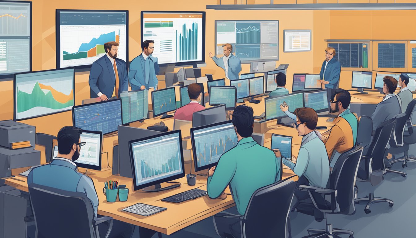 A bustling financial office with traders analyzing data on multiple screens, while a team of professionals discusses strategies at a conference table