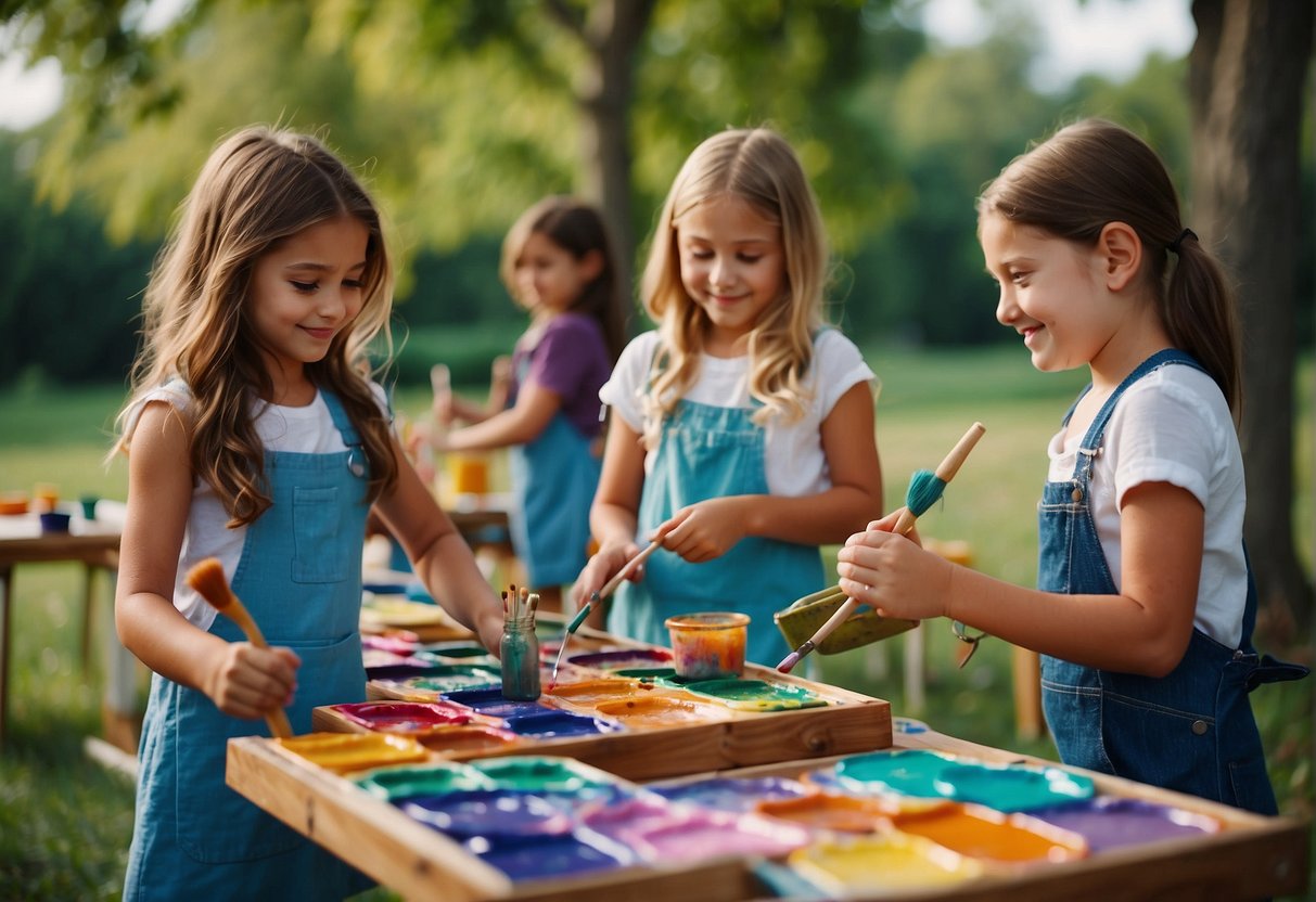A group of children happily painting outdoors, using bright colors and large brushes on easels and canvases