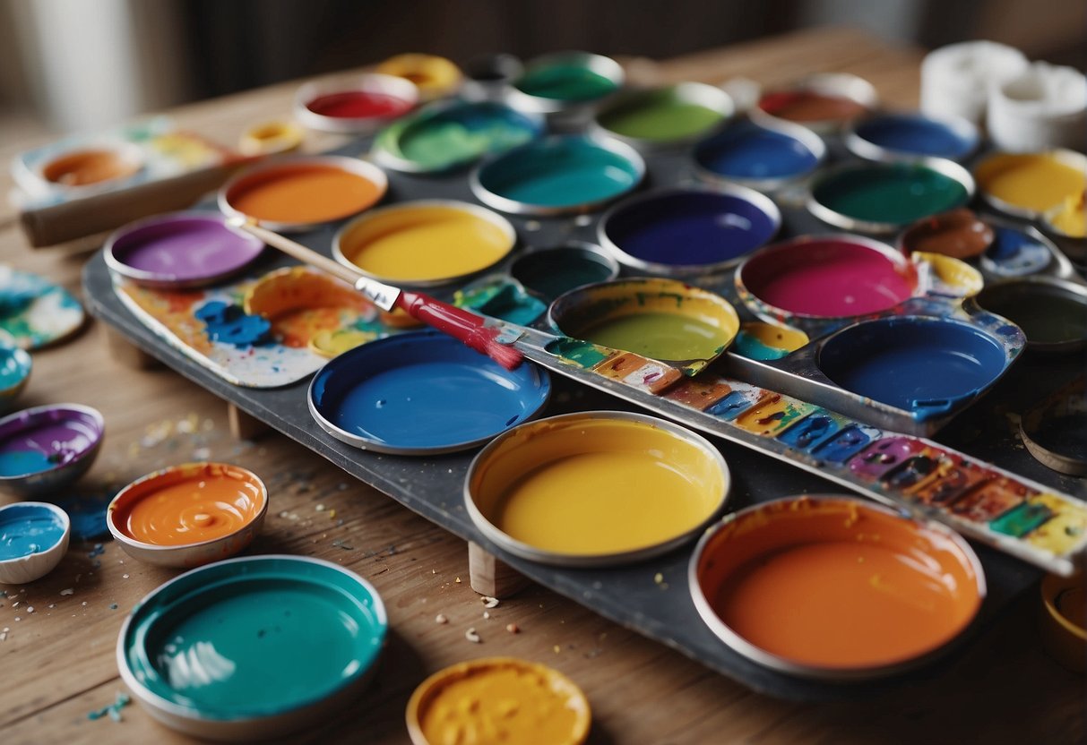 Bright, colorful paint palettes and brushes scattered on a table. A blank canvas ready to be transformed into a masterpiece. Laughter and excitement fill the air as kids eagerly prepare to unleash their creativity
