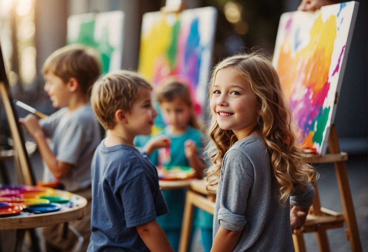 Children happily painting outdoors with colorful brushes and vibrant paint on easels, while older kids experiment with different techniques indoors