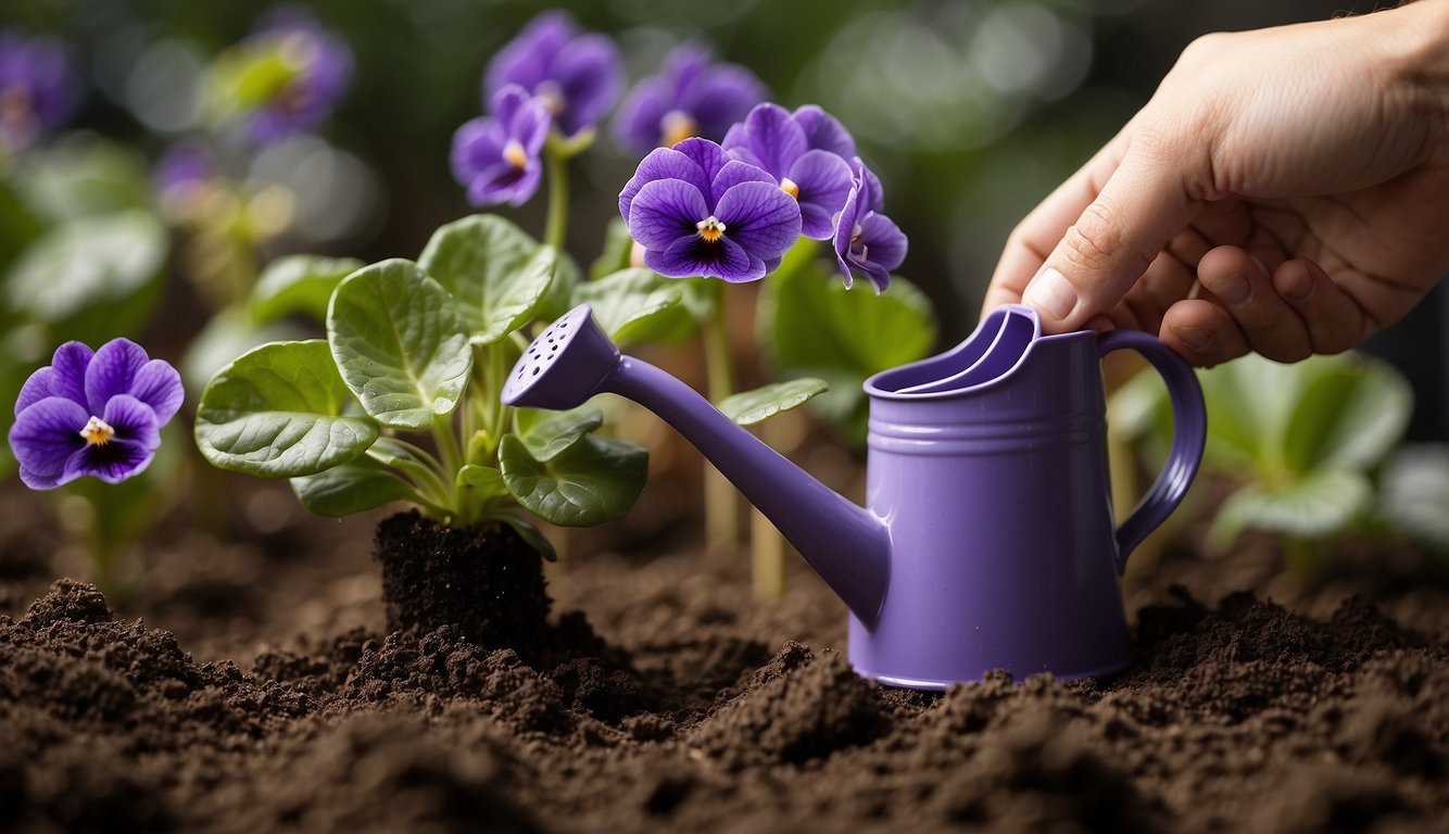 A hand holding a watering can gently pours water onto the soil of an African violet plant, with its leaves turning yellow