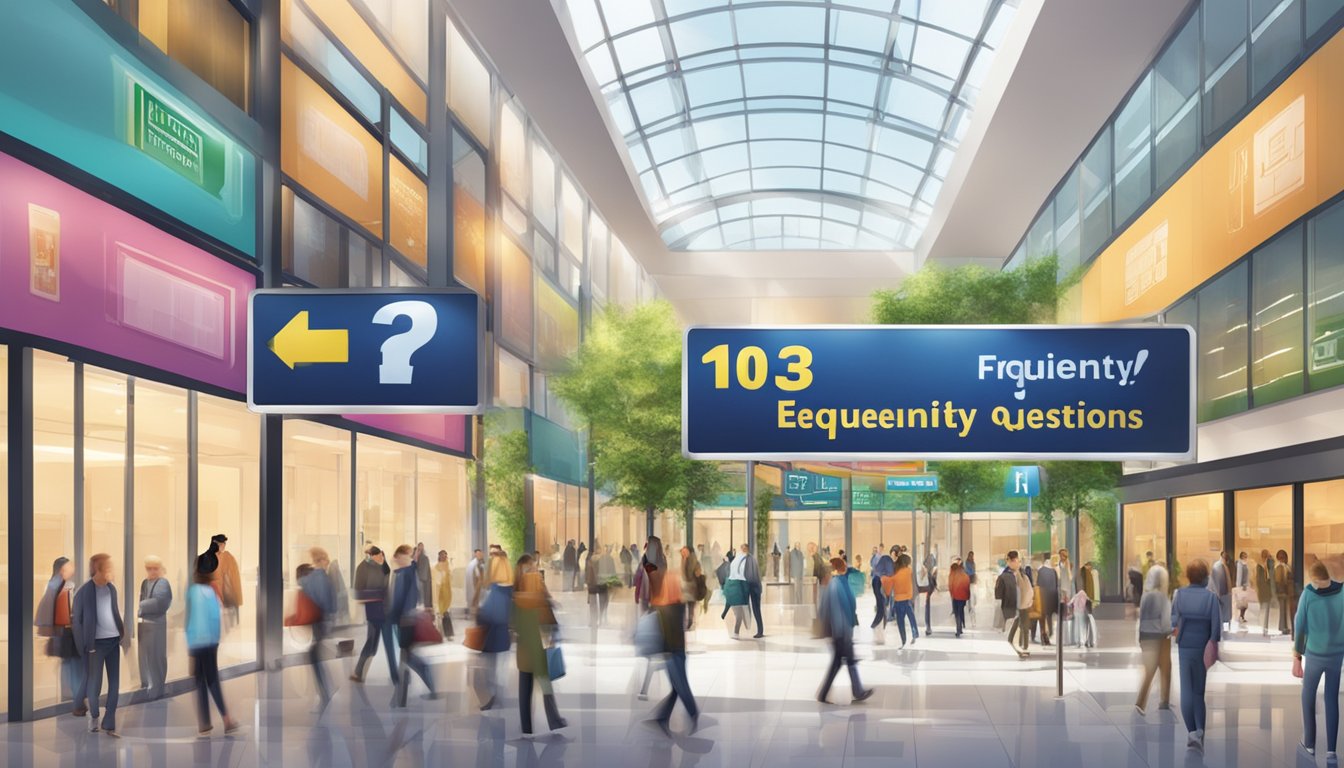 A large sign with "Frequently Asked Questions 1034 Bedeutung" displayed prominently in a busy public area
