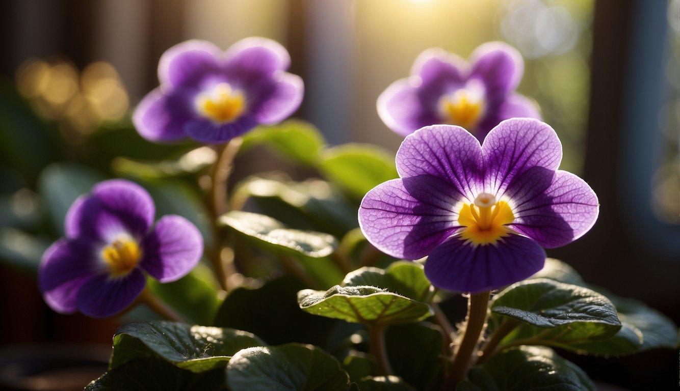 The sunlight filters through the window, casting a warm glow on the African violet leaves, causing them to slowly turn yellow