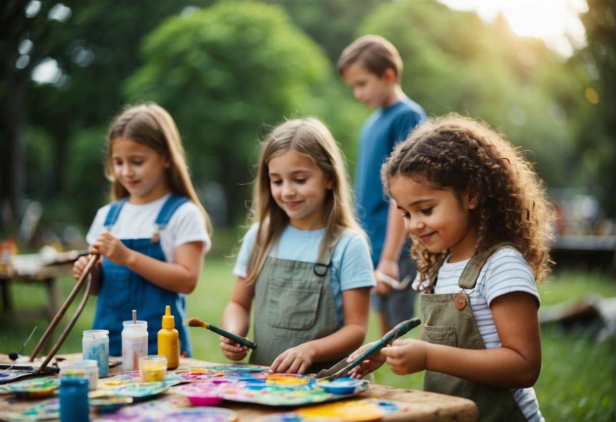 A group of children happily painting outdoors with various tools and materials, creating colorful and imaginative artworks