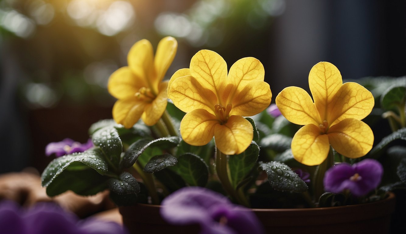 African violet leaves wilt and yellow in a dry, sunlit room