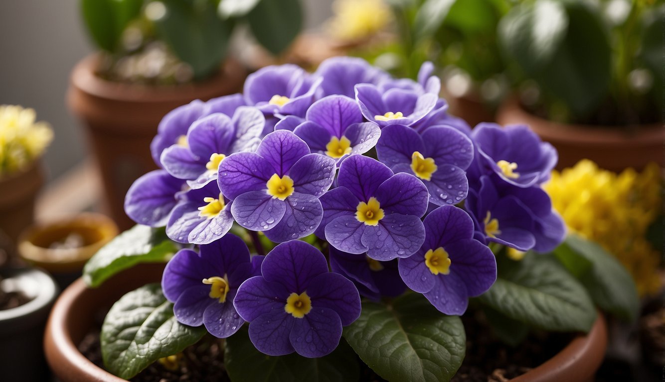 African violet with yellowing leaves, surrounded by plant care tools and reference materials