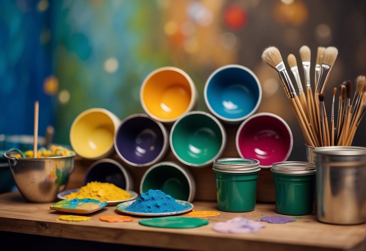 Colorful bowls of homemade paint sit on a table, surrounded by brushes and paper. A child's artwork adorns the walls, showcasing their creativity and joy
