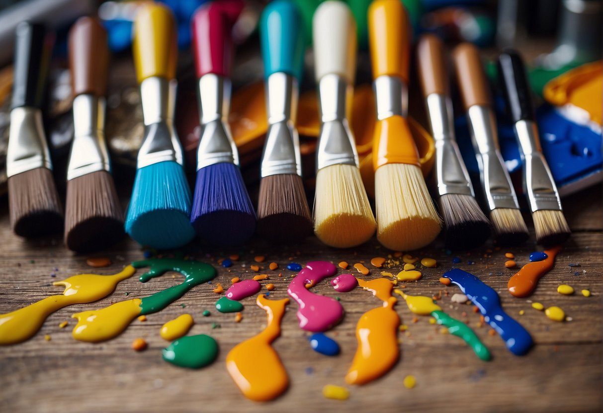 Brightly colored paint tubes and brushes scattered on a messy table. A variety of surfaces such as paper, canvas, and wood are ready for different painting techniques