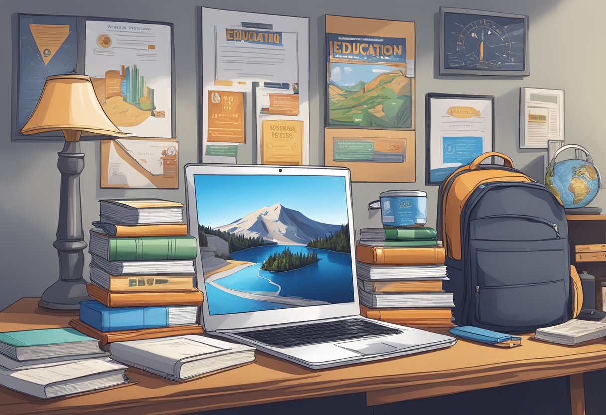 Dave Portnoy's education: books, laptop, and a diploma on a desk. Posters of sports and finance on the wall