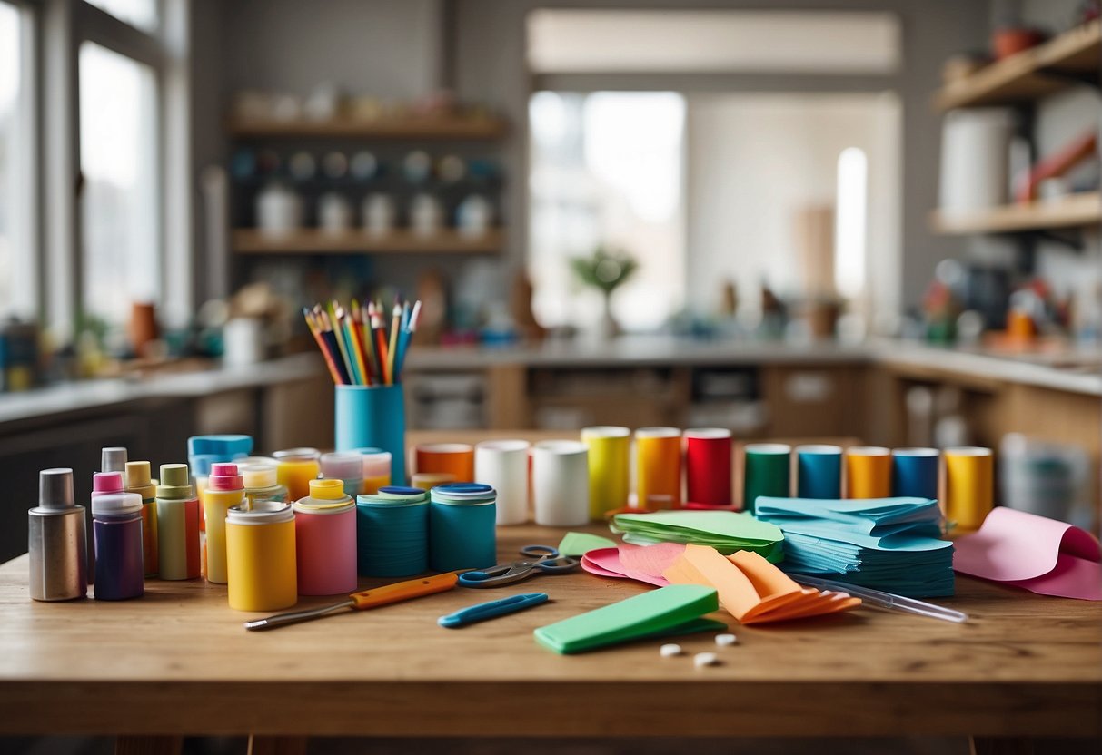 A table scattered with colorful paper, glue, scissors, markers, and paint. A shelf displays various craft kits and tools. Bright, natural light floods the room