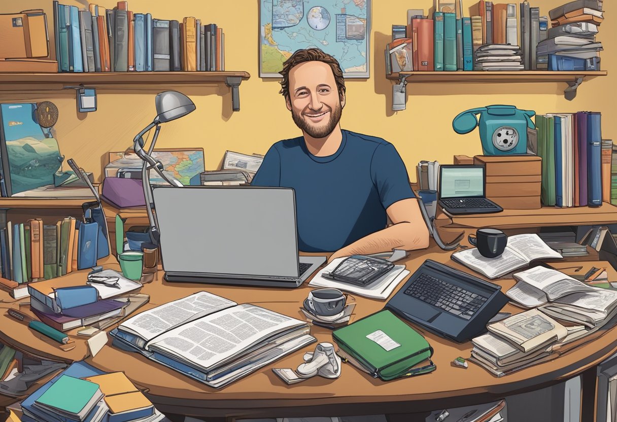 Dave Portnoy's personal life and education are depicted through a cluttered desk with books, a laptop, and sports memorabilia