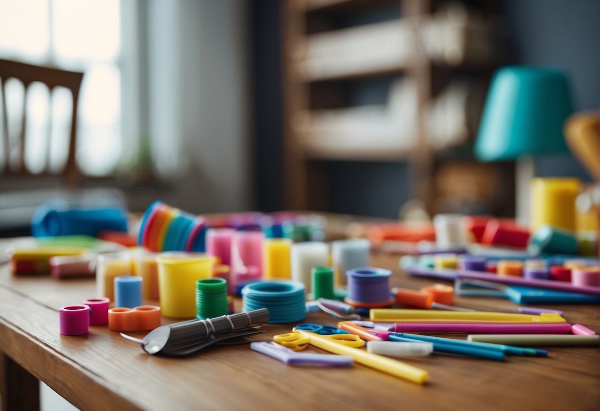 Colorful craft supplies scattered on a table, including paper, markers, glue, and scissors. A finished project sits next to a child-sized chair