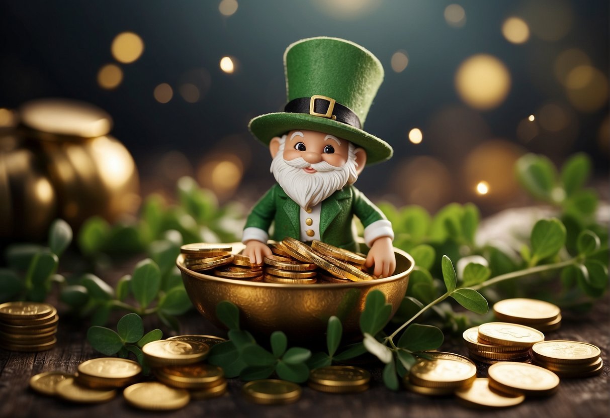 A leprechaun name generator surrounded by clovers and gold coins