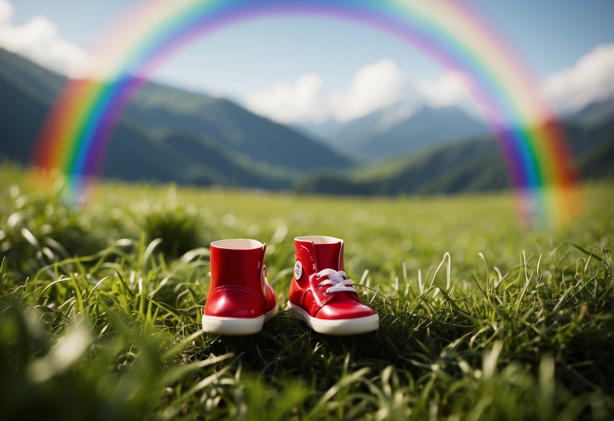 A rainbow arches over a lush green meadow, where a tiny figure in a red coat and buckled shoes is seen crafting a pot of gold