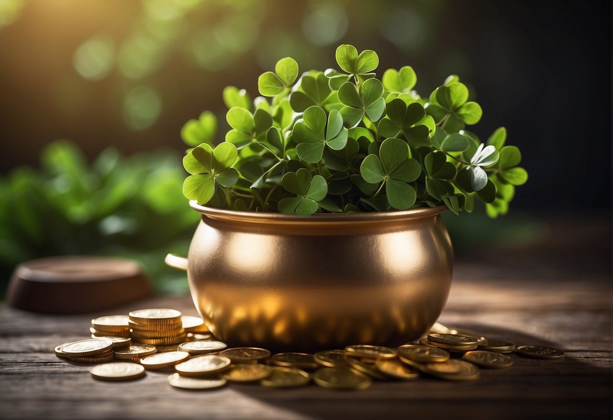 A leprechaun name generator surrounded by clovers and gold coins, with a pot of gold in the background