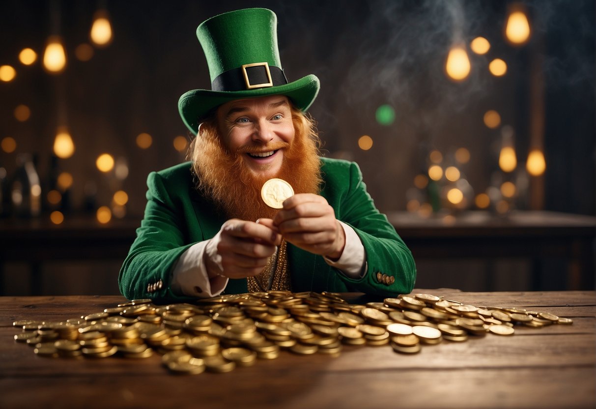 A leprechaun sits at a wooden table, surrounded by stacks of gold coins. A name generator machine whirs and sparks as it spits out a slip of paper with a new leprechaun name