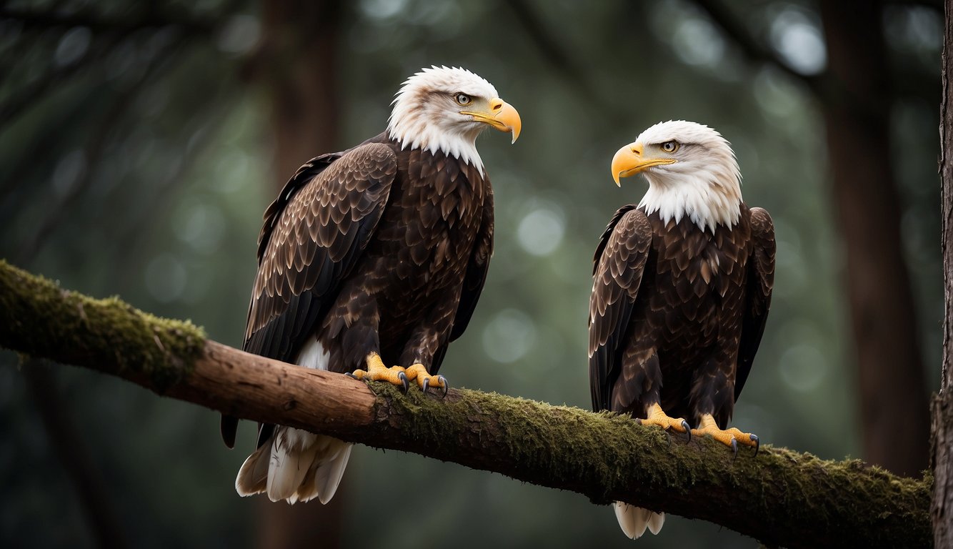 A bald eagle perches on a tall tree branch, its white head and tail feathers contrasting against the dark brown body.

Its sharp beak and piercing eyes exude power and majesty