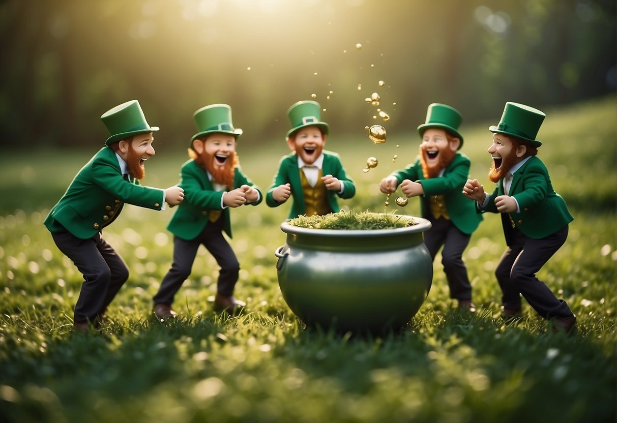 Leprechauns dance around a pot of gold, laughing and playing games in a lush green meadow