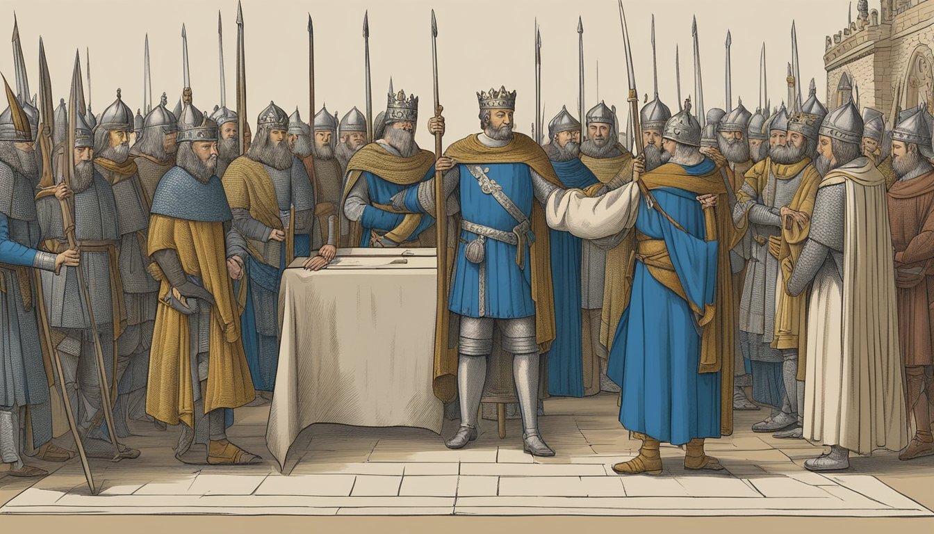 The influence of the Magna Carta on later generations in 1215 is depicted through a document being passed down through the ages, symbolizing its enduring significance