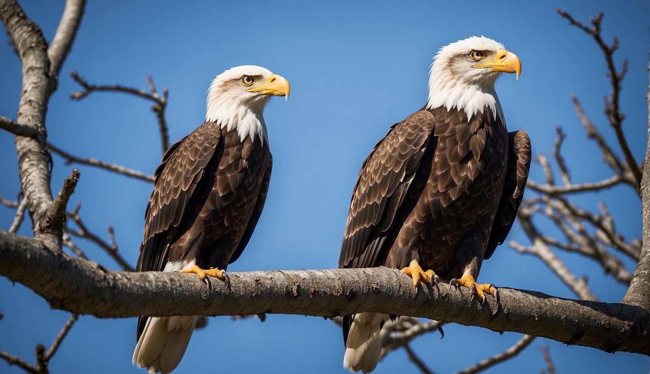 A bald eagle perches on a tall tree branch, its white head and tail feathers stark against the blue sky.

Its sharp eyes scan the landscape, and its powerful wings are ready for flight