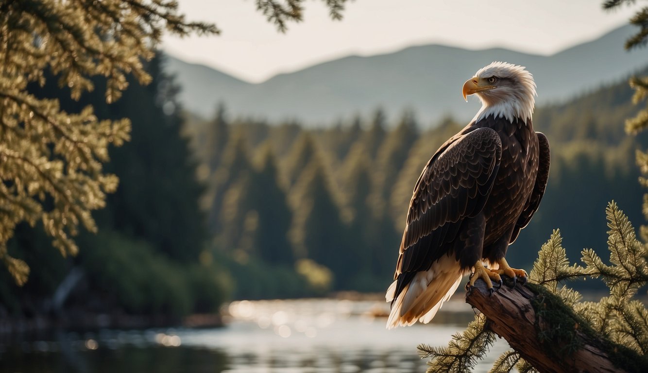 Bald eagle perched on a tall tree, scanning the river below.

Fish swimming in the water, while a rabbit hides in the nearby bushes