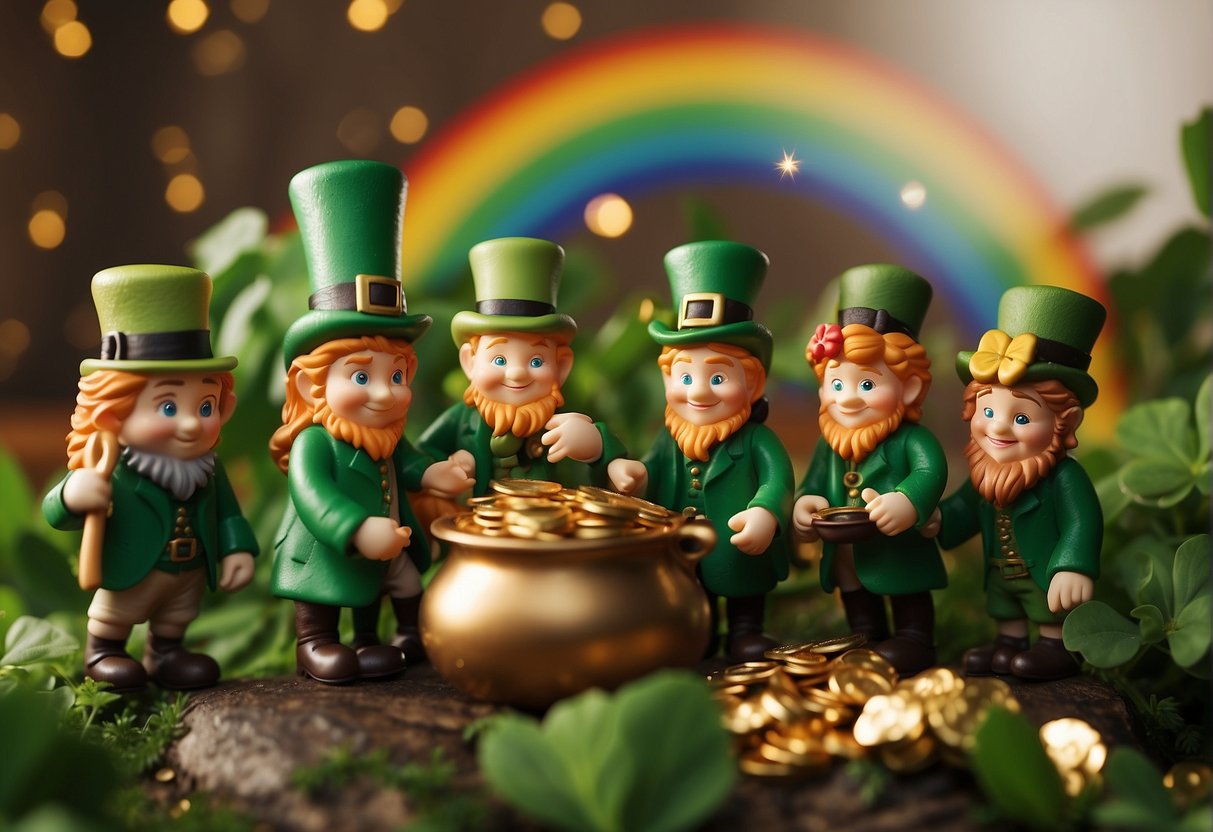 A group of leprechauns gather around a pot of gold at the end of a rainbow, surrounded by clovers and other festive decorations