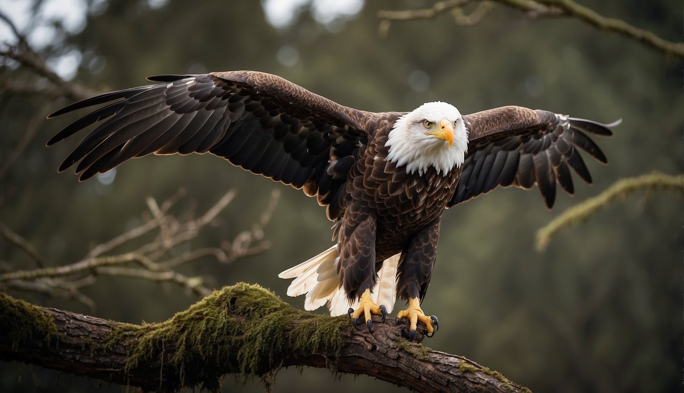 A bald eagle perched on a sturdy tree branch, with its wings spread wide and its sharp eyes focused intently on its surroundings.

The majestic bird exudes power and grace, embodying the spirit of freedom and strength