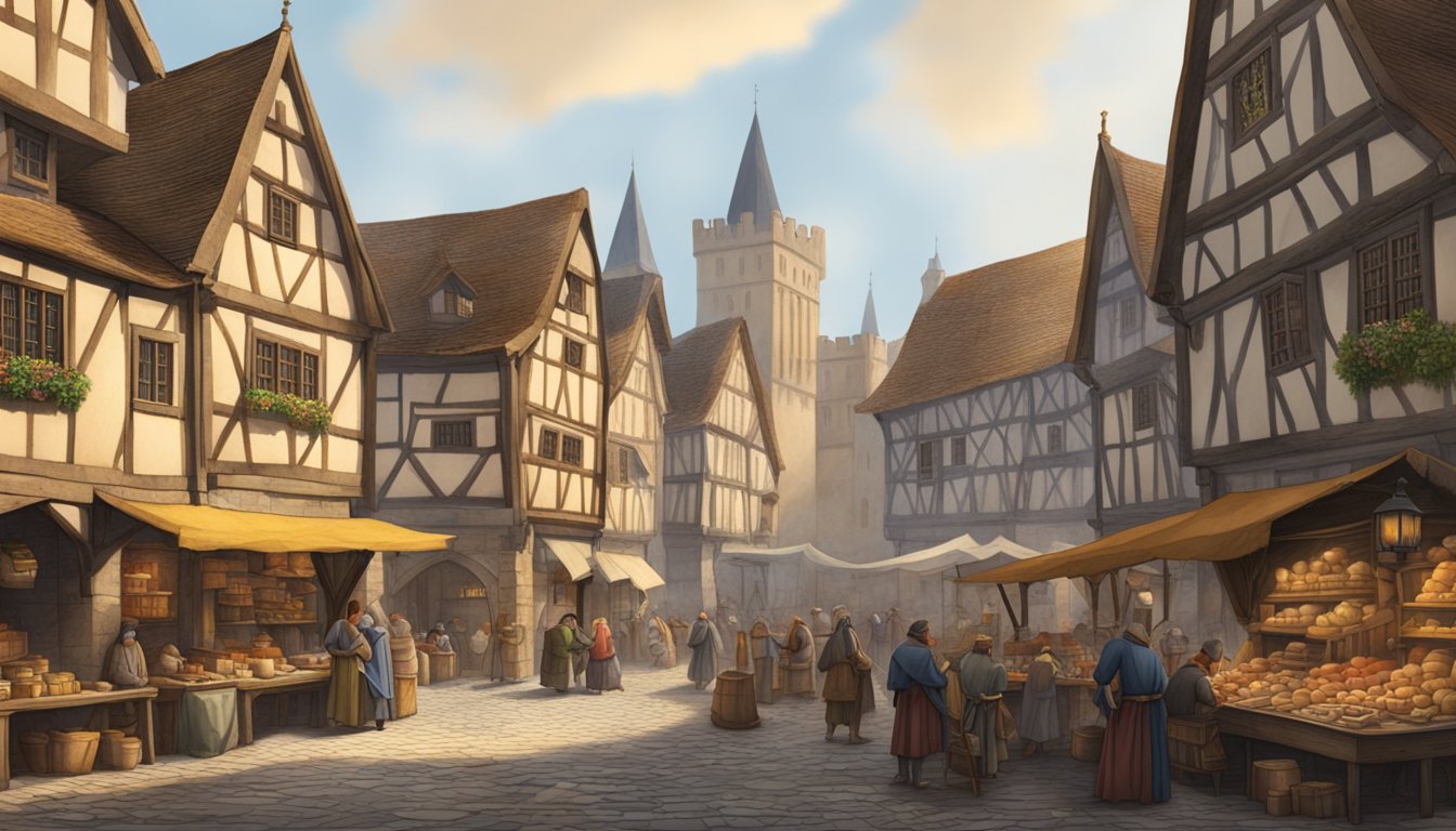 A medieval town with stone buildings and a bustling marketplace in 1217