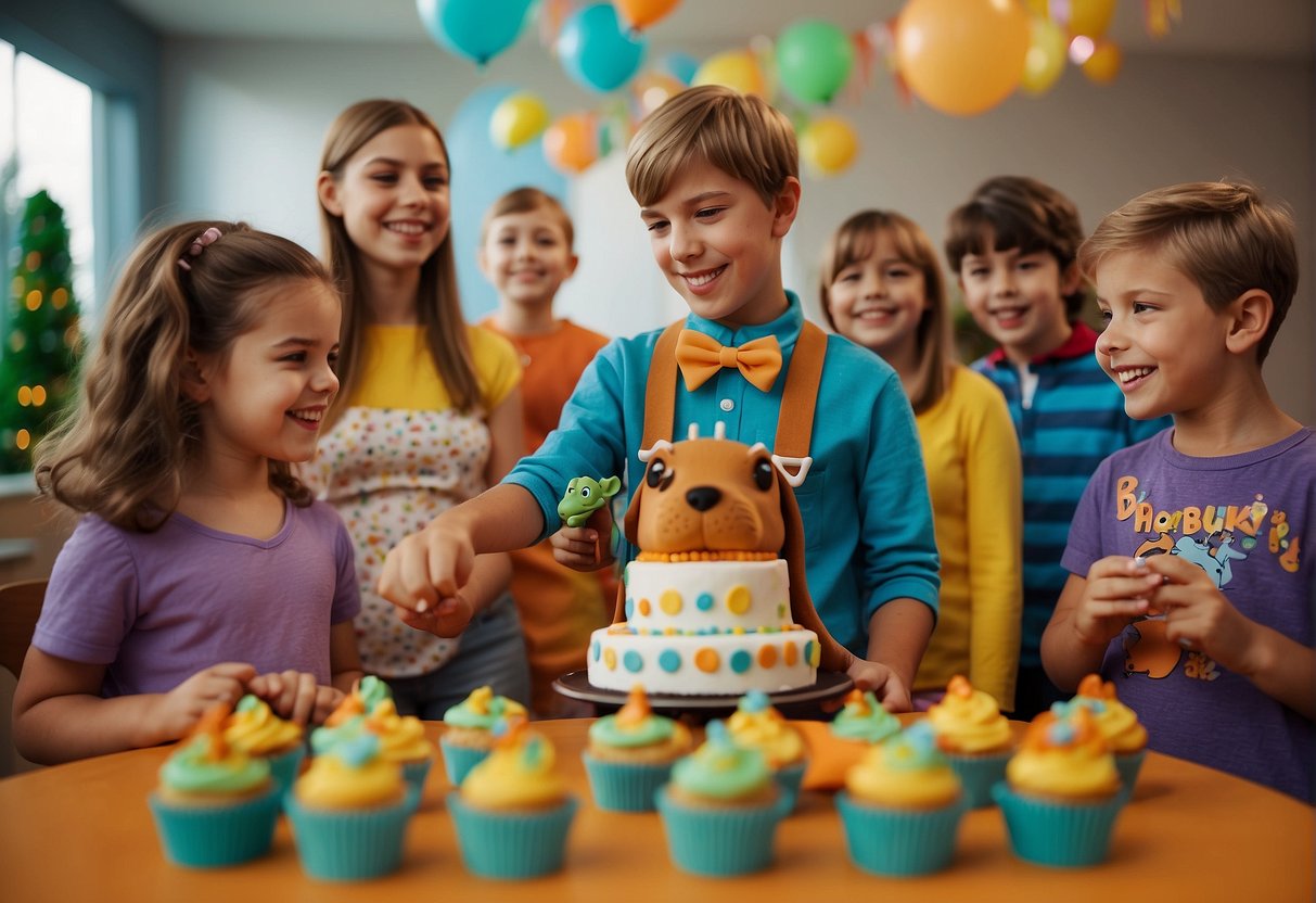 A birthday party scene with Scooby Doo themed decorations, cake, and party favors. Children playing games and wearing Scooby Doo costumes