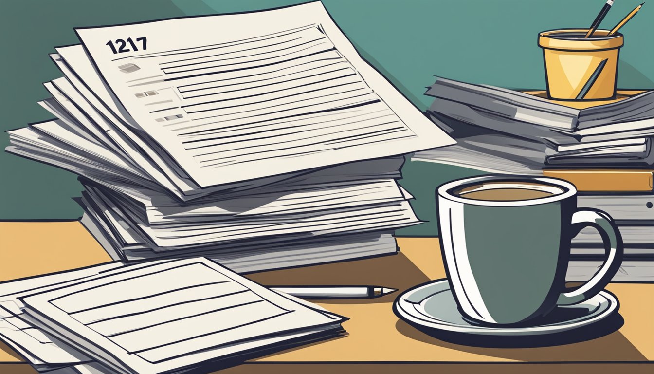 A stack of papers labeled "Frequently Asked Questions 1217 Bedeutung" sits on a desk, surrounded by a computer, pen, and coffee mug