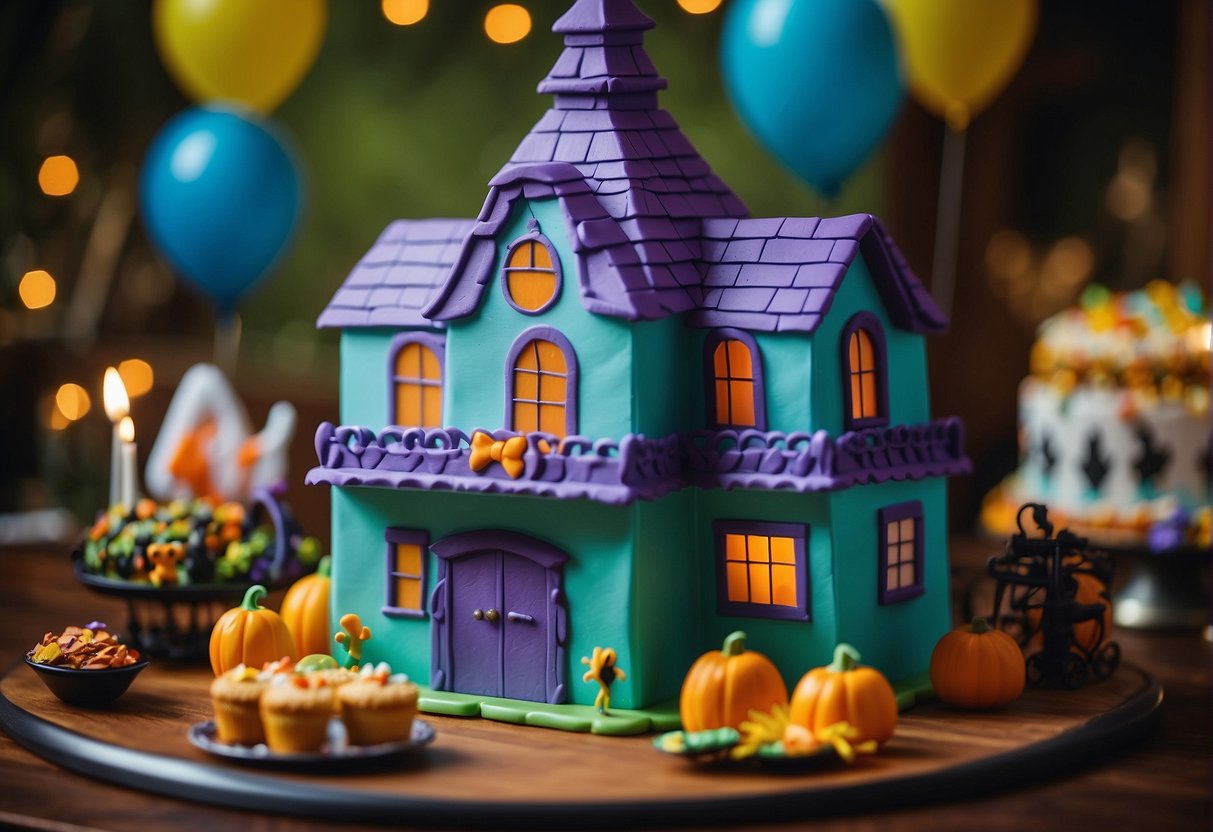 A birthday party with Scooby Doo theme, featuring a spooky haunted house backdrop, mystery-solving activities, and a cake shaped like the Mystery Machine