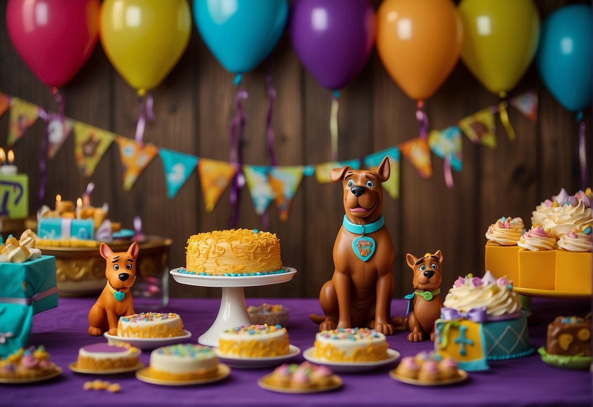 Colorful invitations and banners featuring Scooby Doo characters, surrounded by party favors and a birthday cake with a Scooby Doo theme
