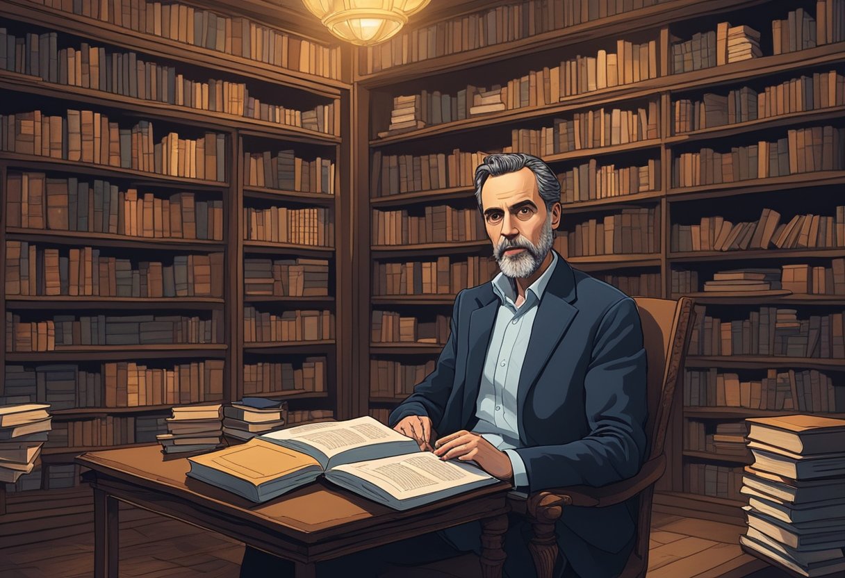 Jordan Peterson discussing Dostoevsky's philosophy in a dimly lit study, surrounded by towering bookshelves and a crackling fireplace