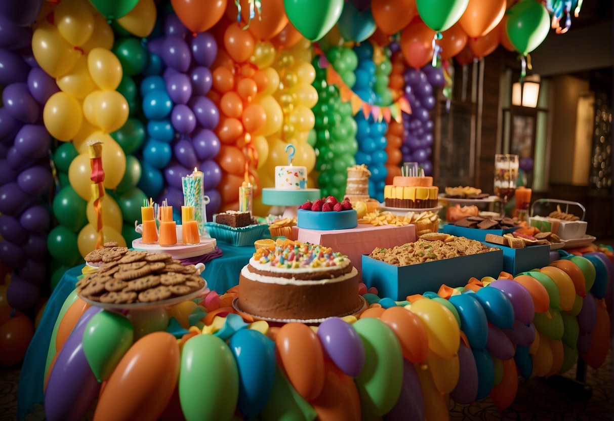 Colorful balloons and streamers cover the walls, a "Mystery Machine" cake sits on the table, and a "Scooby Snack" bar is set up for the guests