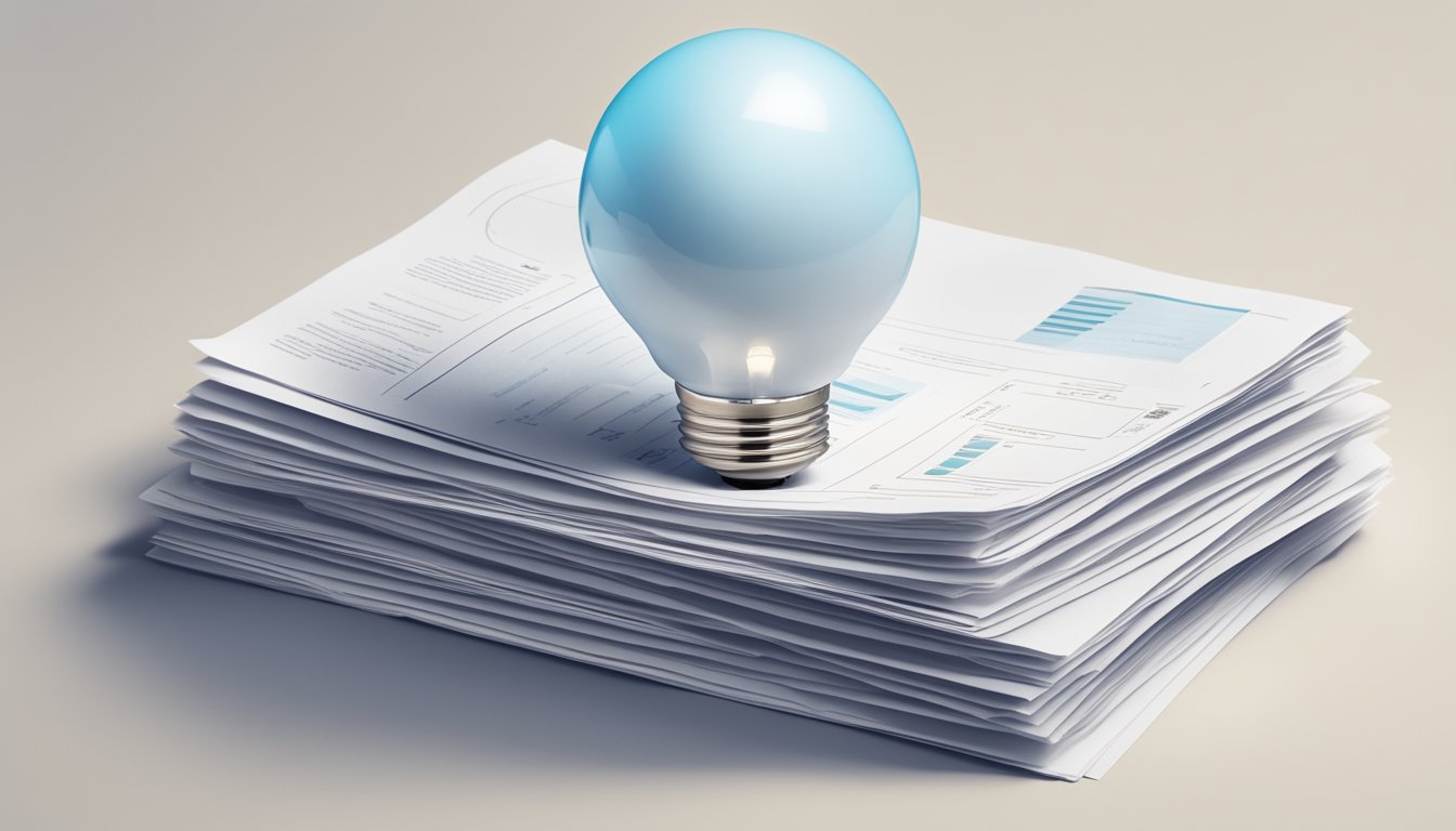 A stack of papers with "Frequently Asked Questions 1228 Bedeutung" printed on top, surrounded by question marks and a lightbulb symbol