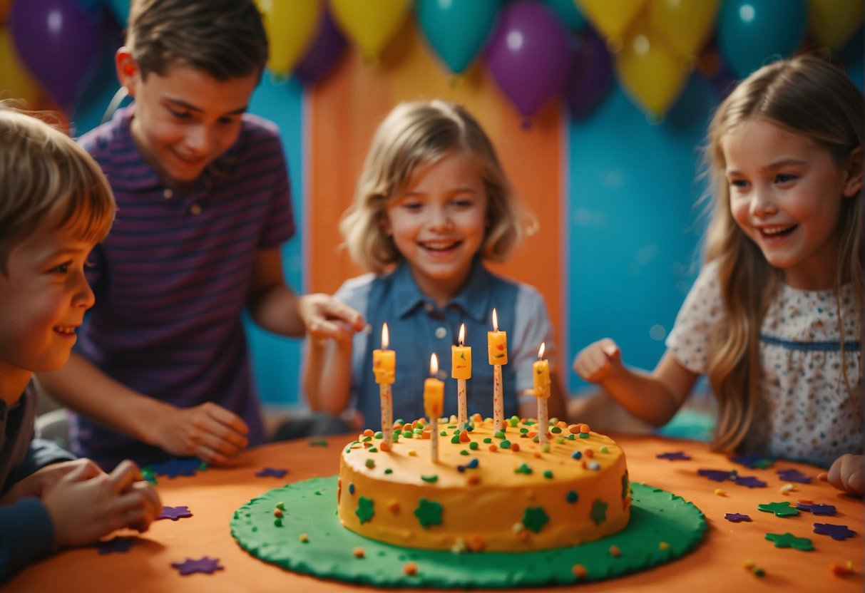 A group of kids playing mystery-themed games at a Scooby Doo birthday party, with a spooky-themed cake and decorations in the background