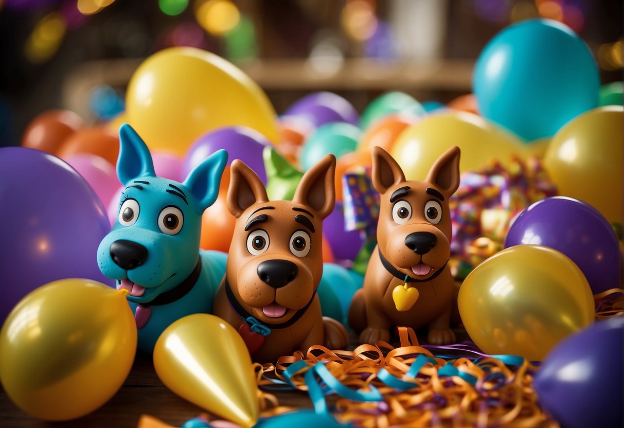 Colorful scooby doo party favors displayed on a table with balloons and streamers in the background