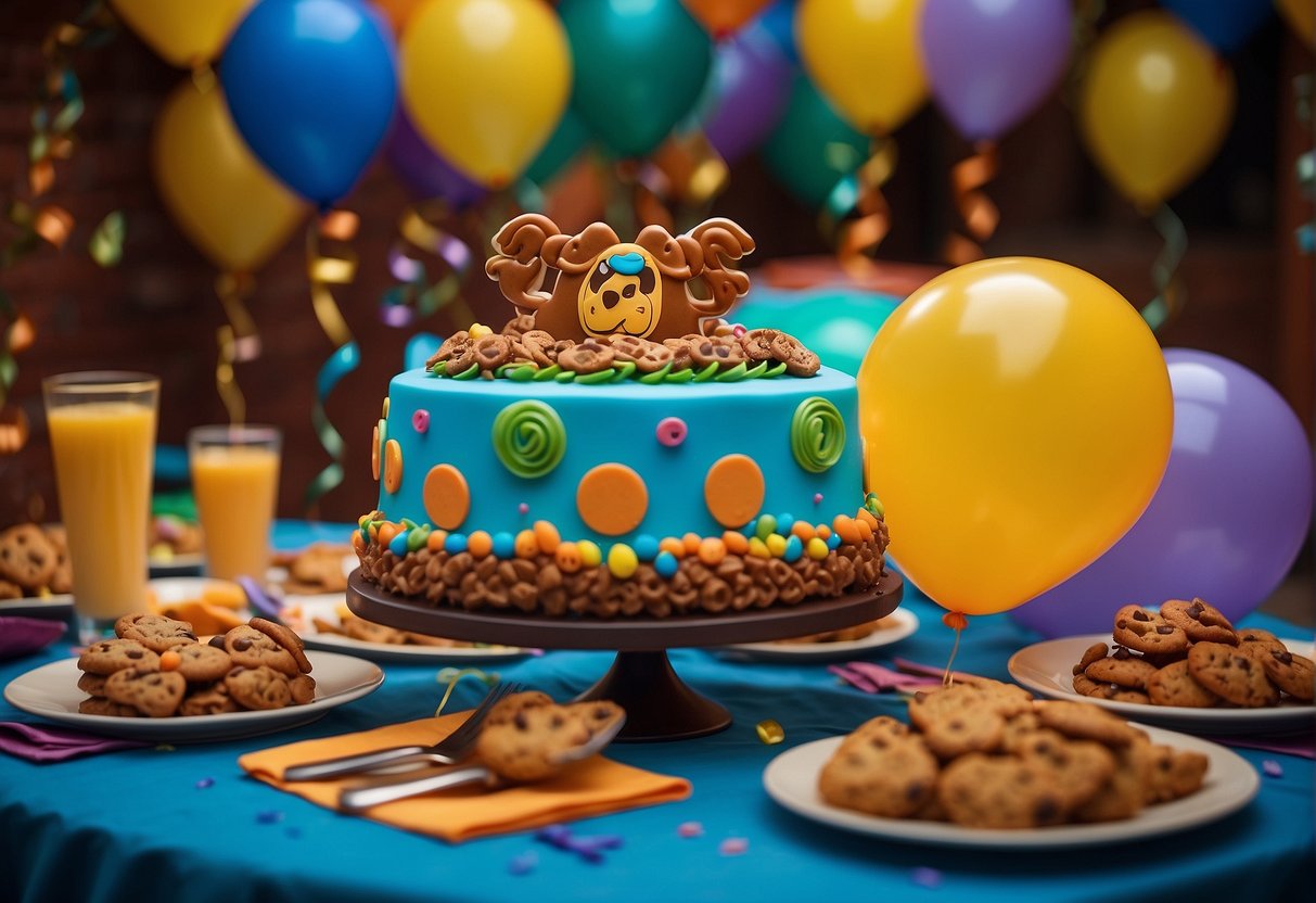 A table with Scooby Doo themed decorations, cake, and party favors. Balloons and streamers in the background