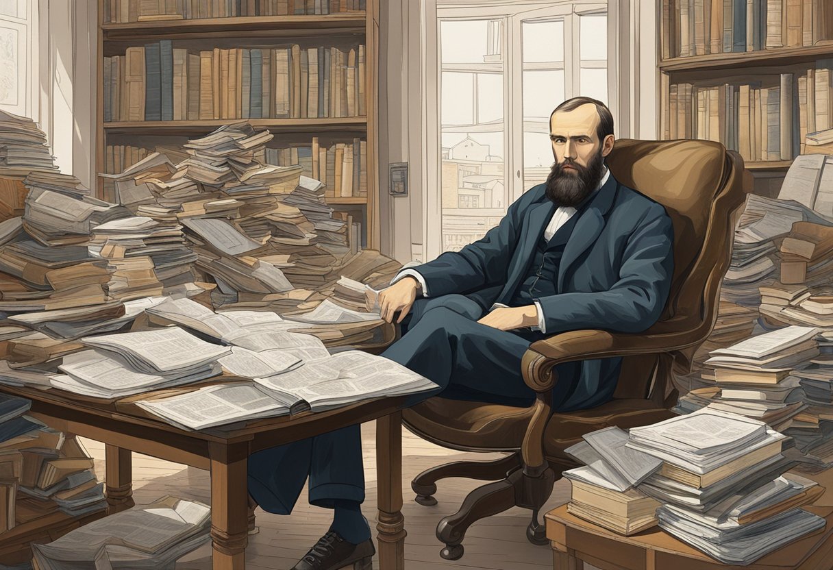 A cluttered study with books, a desk, and a portrait of Dostoevsky. A man sits in a chair, deep in thought, surrounded by papers and a map