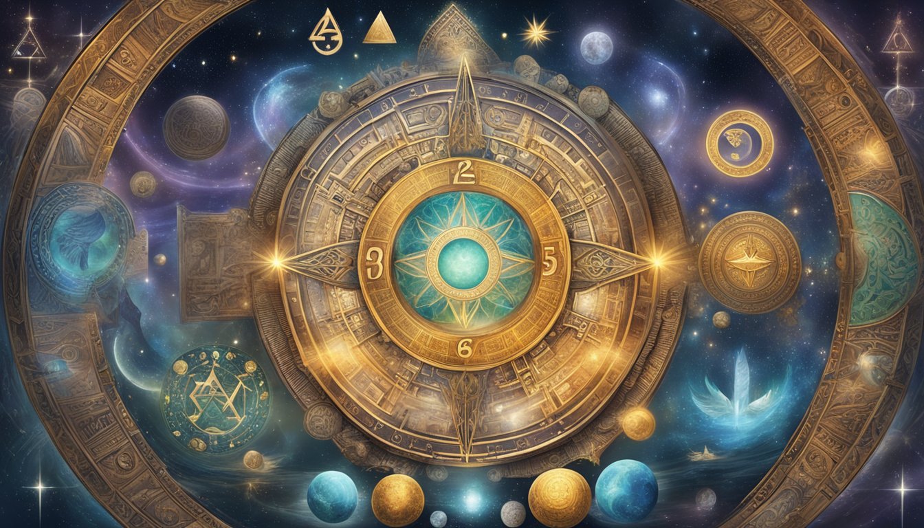 A mystical scene with the number 1252 prominently displayed, surrounded by ancient symbols and cosmic imagery, evoking the numerological aspects of the number