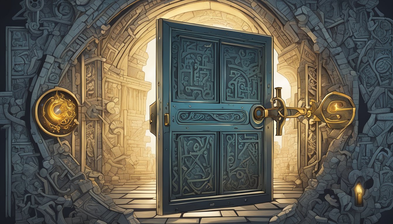 A mysterious key unlocking a hidden door, surrounded by ancient symbols and cryptic messages