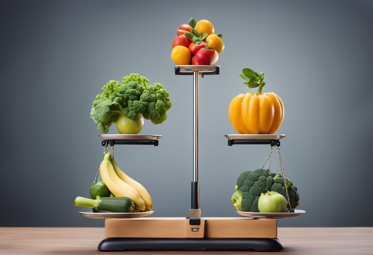 A person juggling fruit and vegetables while balancing work and personal life. A scale symbolizes equilibrium